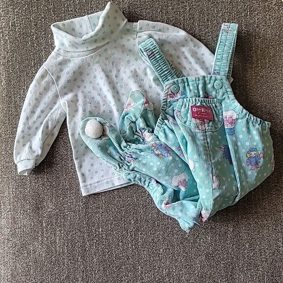Vtg Osh Kosh Bgosh Snowman Courderoy Overalls Matching Turtleneck Snowball Feet - Picture 1 of 14